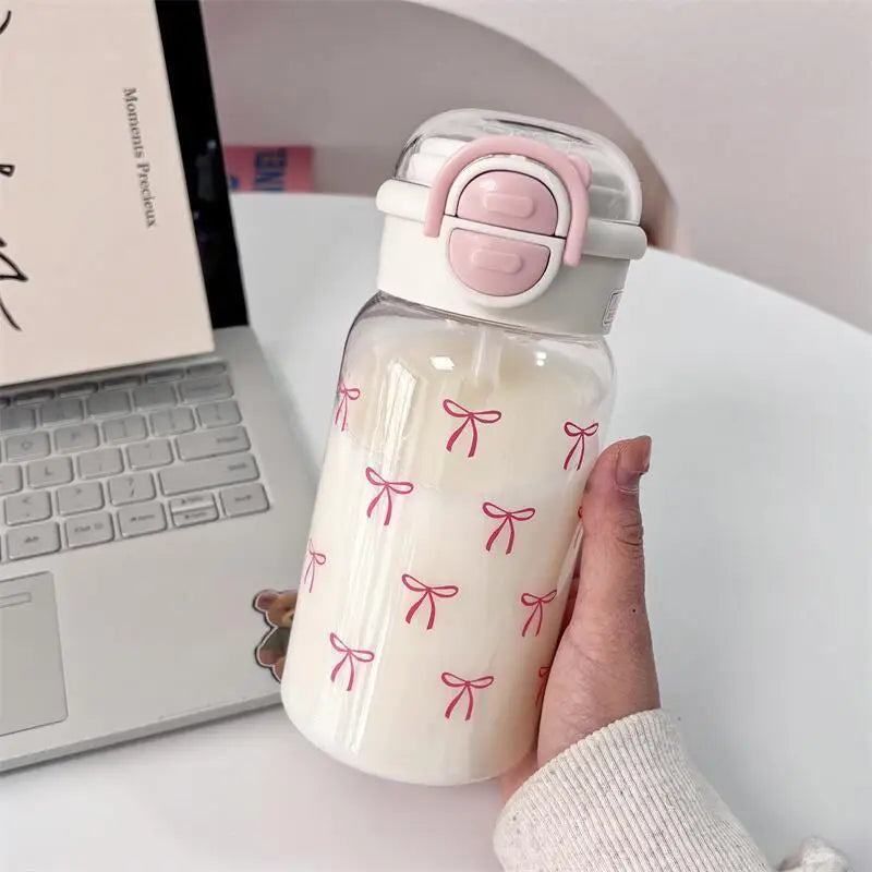 Cute Water Bottle with Straw Portable Plastic Pop Up Cover