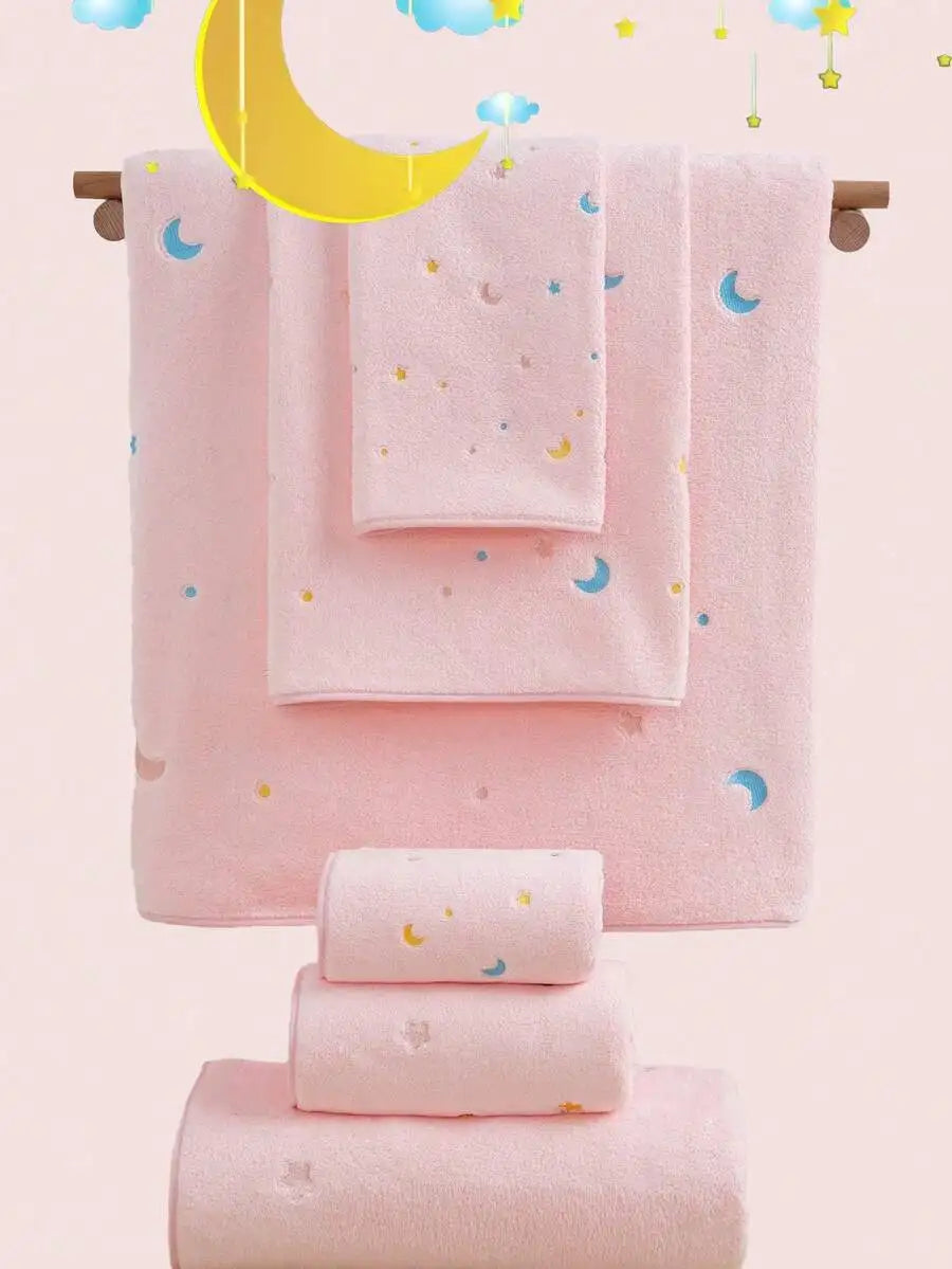 Purple Coral Fleece Towel Set with Moon  Ultra-Soft Bath Hand Towels