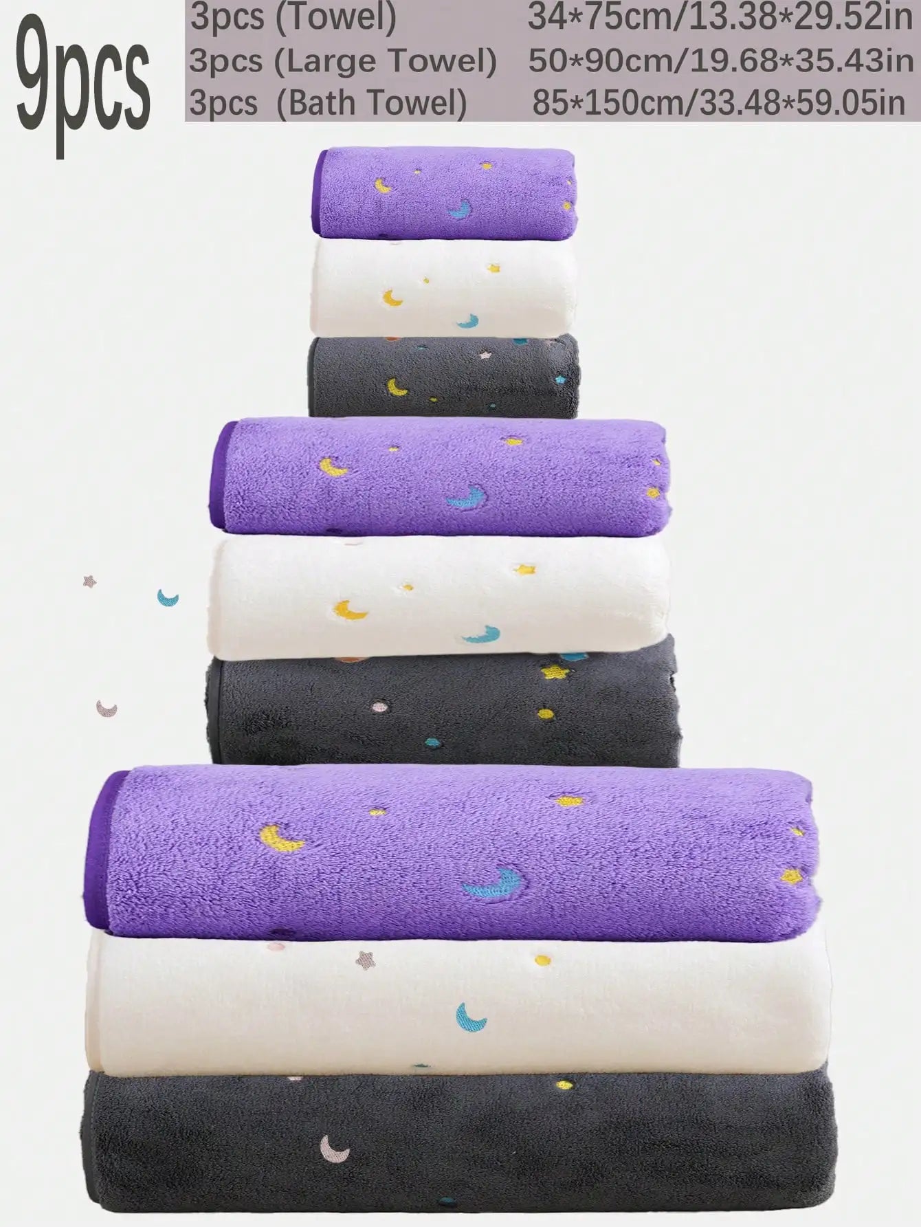 Purple Coral Fleece Towel Set with Moon  Ultra-Soft Bath Hand Towels