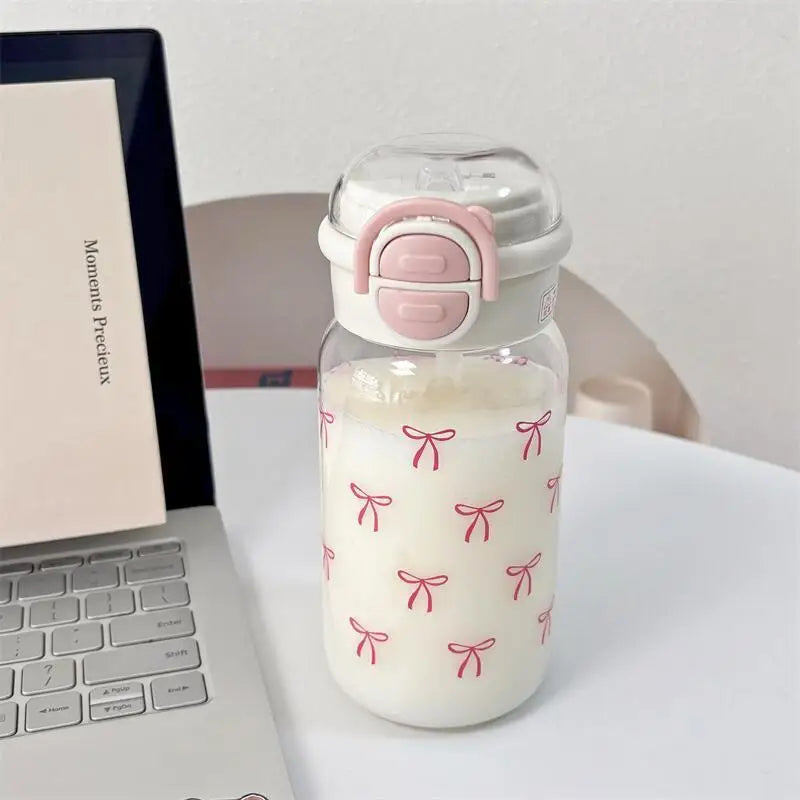 Cute Water Bottle with Straw Portable Plastic Pop Up Cover