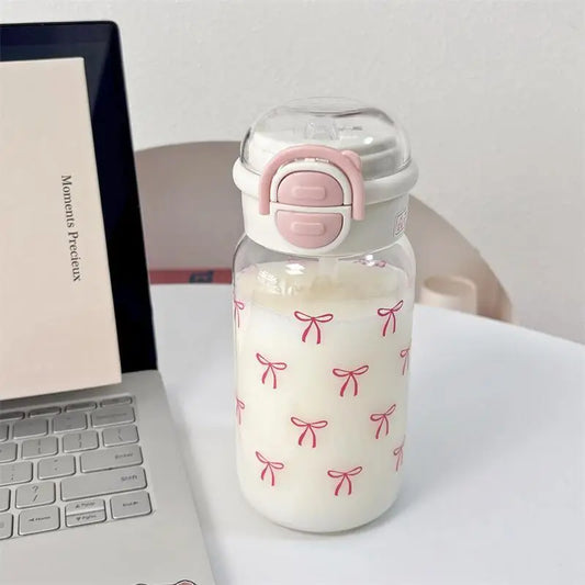 Cute Water Bottle with Straw Portable Plastic Pop Up Cover