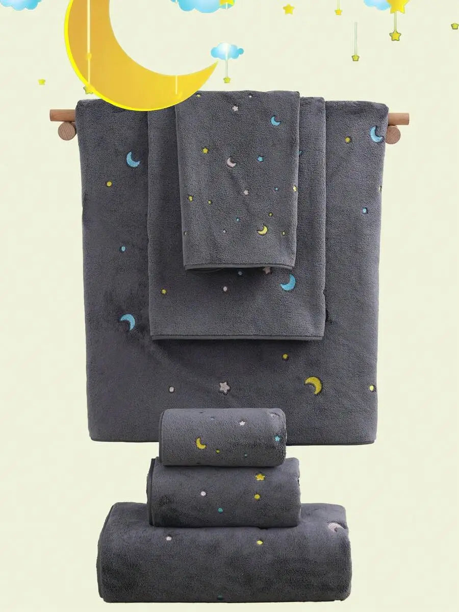 Purple Coral Fleece Towel Set with Moon  Ultra-Soft Bath Hand Towels