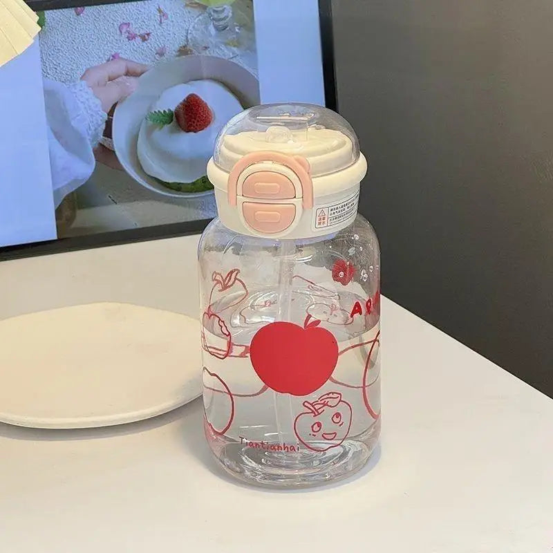Cute Water Bottle with Straw Portable Plastic Pop Up Cover