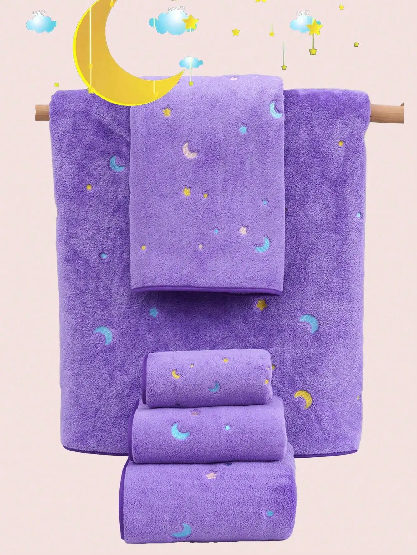 Purple Coral Fleece Towel Set with Moon  Ultra-Soft Bath Hand Towels