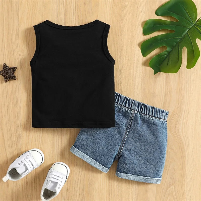 Toddler Boys Casual Summer Outfit Set featuring Neck Denim Shorts