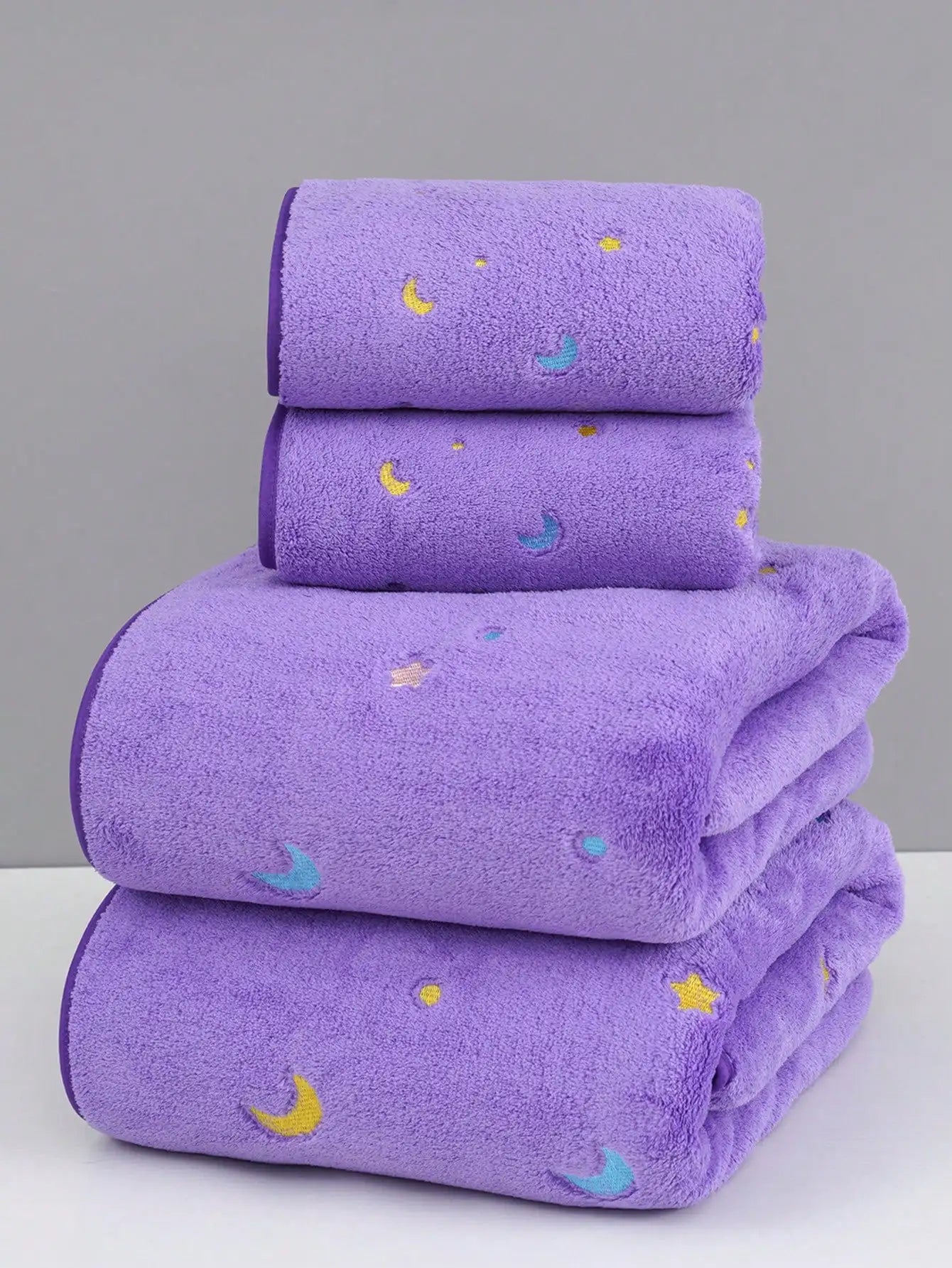 Purple Coral Fleece Towel Set with Moon  Ultra-Soft Bath Hand Towels