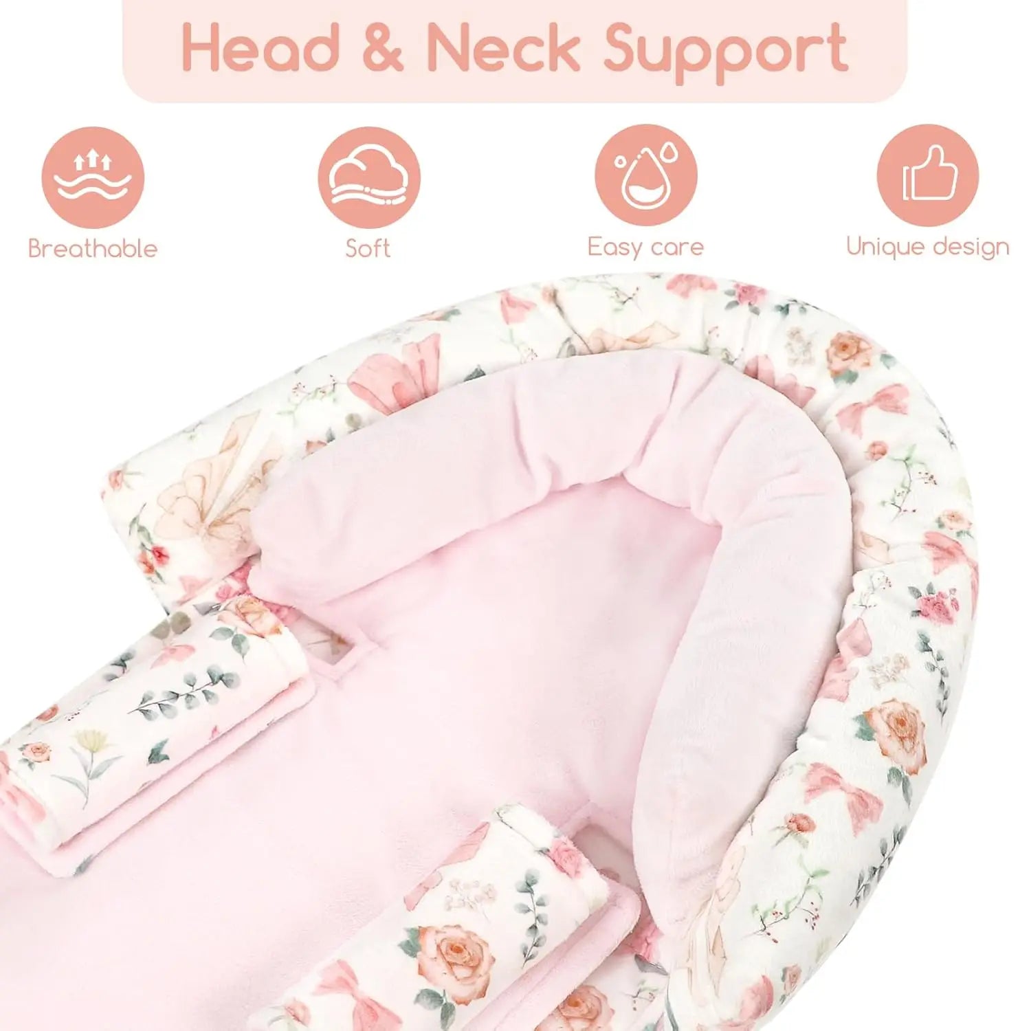 Infant Car Seat Head Body Support Pillow with Strap Pads