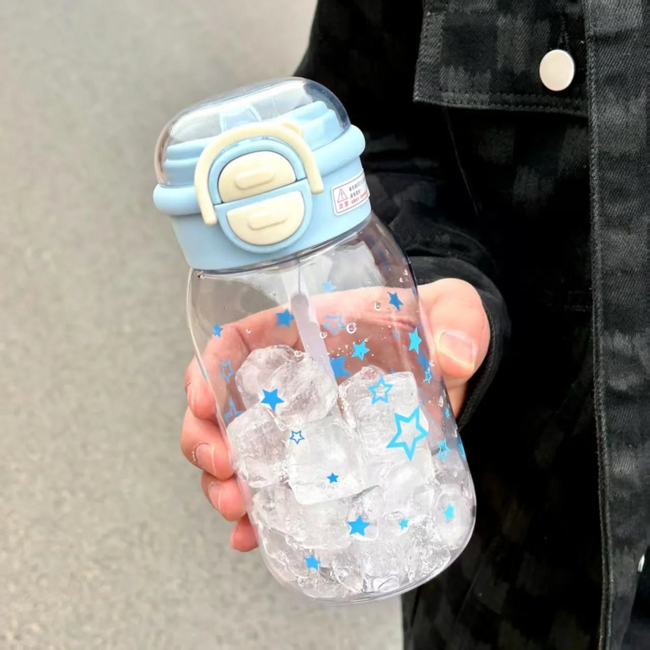 Cute Water Bottle with Straw Portable Plastic Pop Up Cover