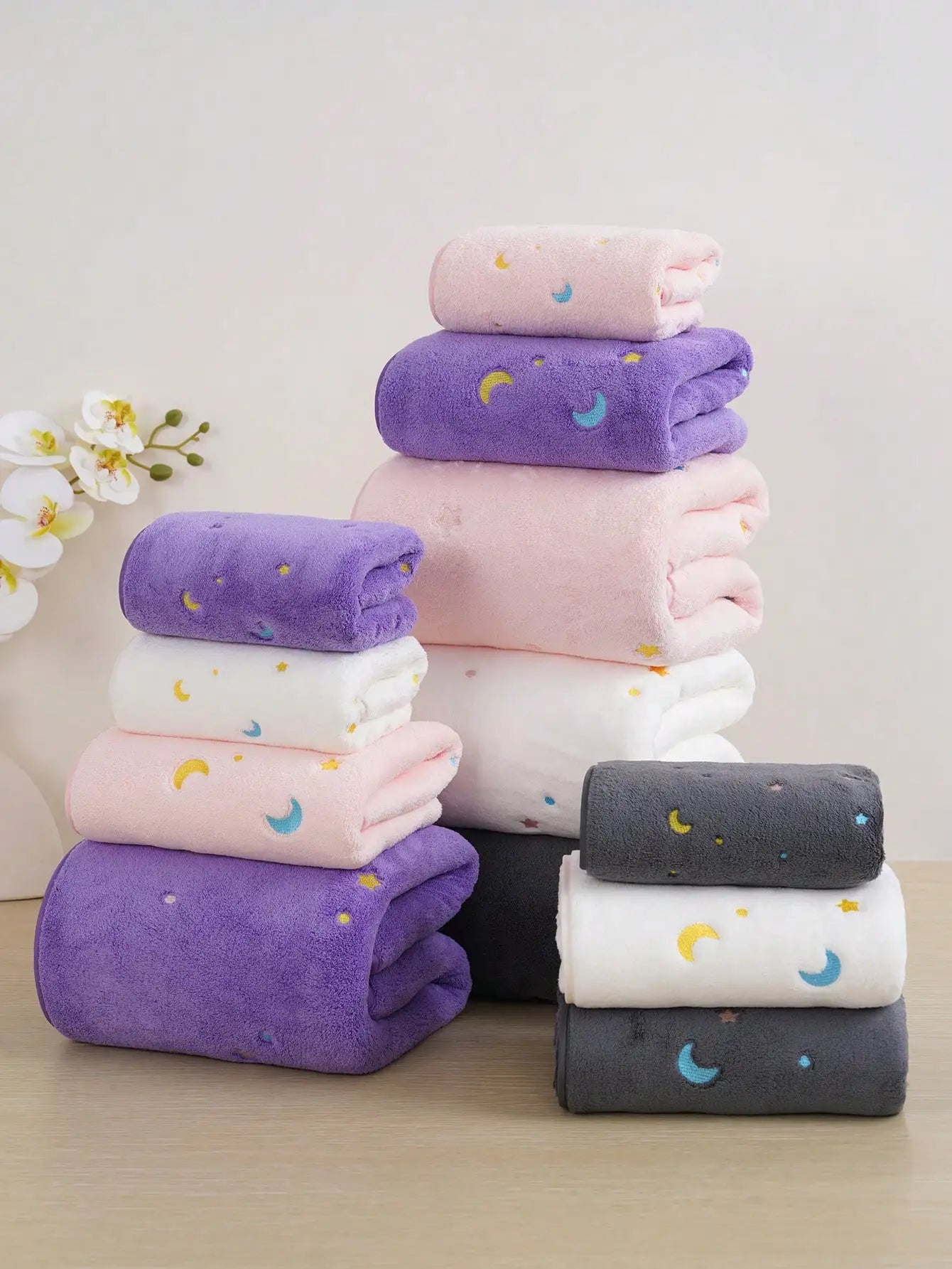 Purple Coral Fleece Towel Set with Moon  Ultra-Soft Bath Hand Towels